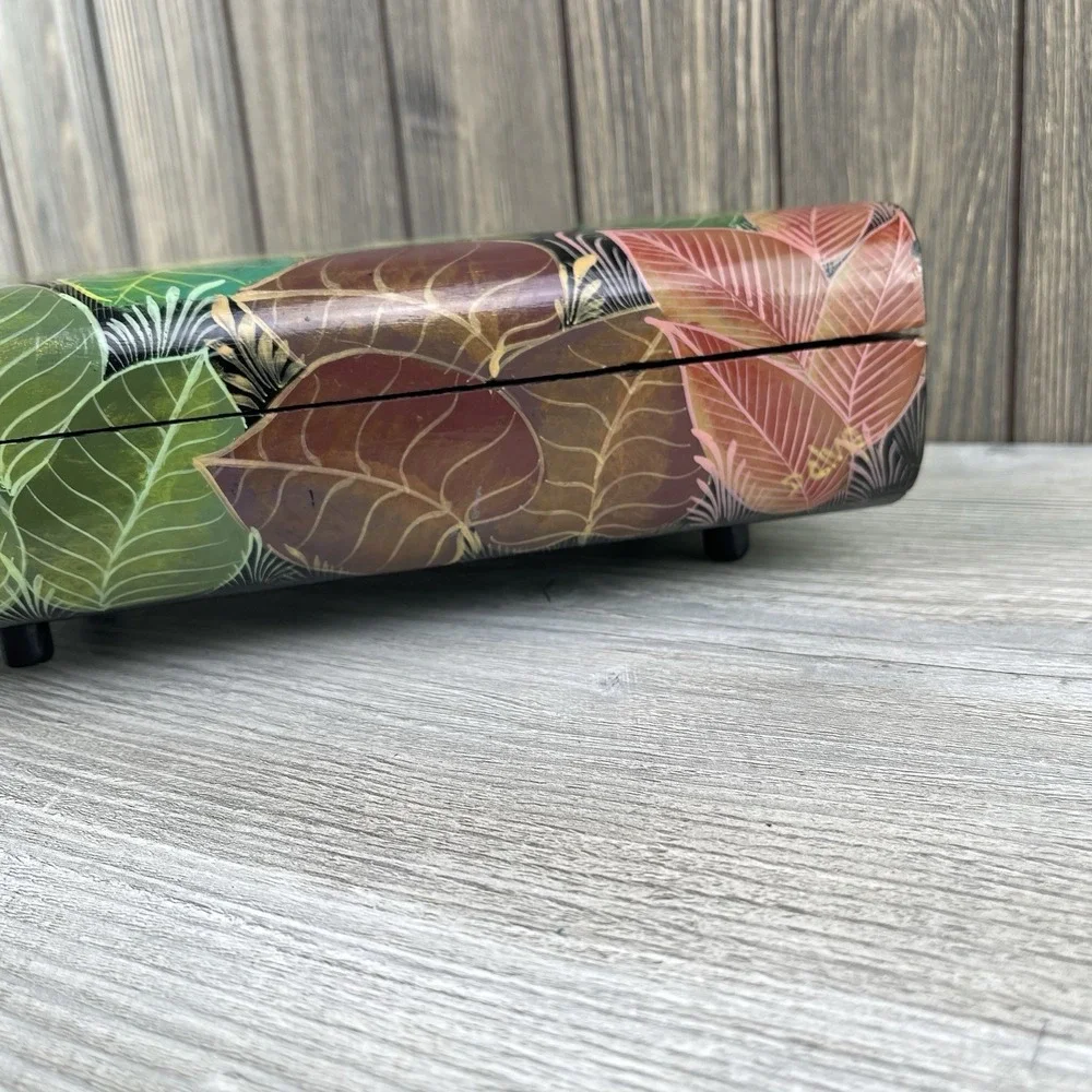 Vintage Hand Painted Wooden Box Parrot Floral Jewelry Storage Trinket